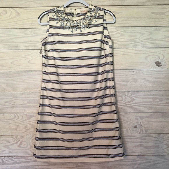 Tory Burch Dresses & Skirts - Tory Burch creme striped shift dress with beading